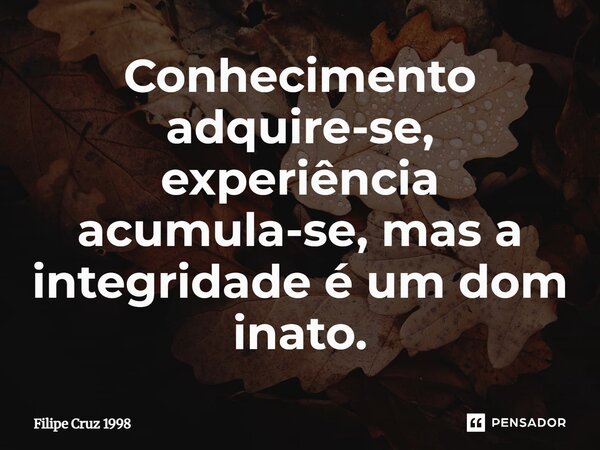 ⁠Conhecimento adquire-se, experiência acumula-se, mas a integridade é um dom inato.... Frase de Filipe Cruz 1998.