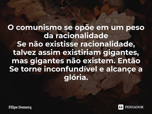 ⁠O comunismo se opõe em um peso da racionalidade Se não existisse racionalidade, talvez assim existiriam gigantes, mas gigantes não existem. Então Se torne inco... Frase de Filipe Domecq.