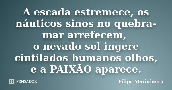 A escada estremece, os náuticos sinos no quebra-mar arrefecem, o nevado sol ingere cintilados humanos olhos, e a PAIXÃO aparece.... Frase de Filipe Marinheiro.