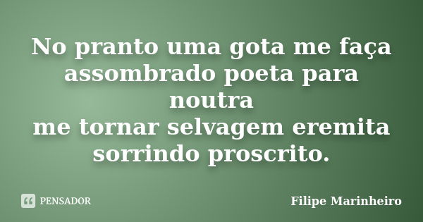 No pranto uma gota me faça assombrado poeta para noutra me tornar selvagem eremita sorrindo proscrito.... Frase de Filipe Marinheiro.
