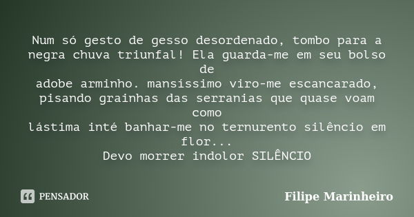 Num só gesto de gesso desordenado, tombo para a negra chuva triunfal! Ela guarda-me em seu bolso de adobe arminho. mansíssimo viro-me escancarado, pisando grain... Frase de Filipe Marinheiro.