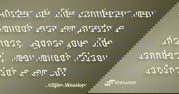 Antes de lhe conhecer meu mundo era em preto e branco, agora que lhe conheci, meu mundo ficou colorido e em 3D.... Frase de Filipe Wesleny.
