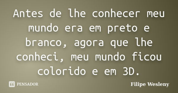 Antes de lhe conhecer meu mundo era em preto e branco, agora que lhe conheci, meu mundo ficou colorido e em 3D.... Frase de Filipe Wesleny.