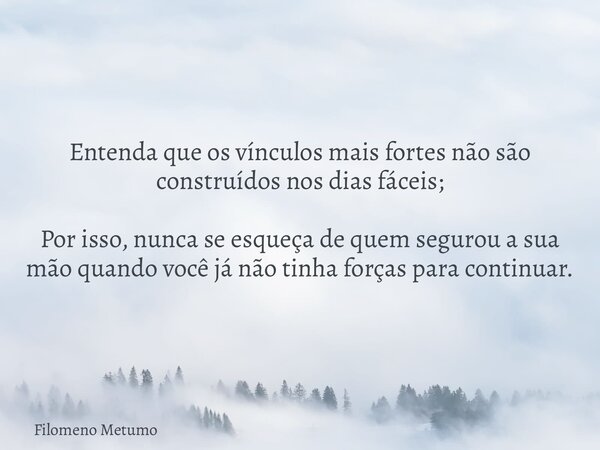 Entenda que os vínculos mais fortes não são construídos nos dias fáceis; Por isso, nunca se esqueça de quem segurou a sua mão quando você já não tinha forças pa... Frase de Filomeno Metumo.