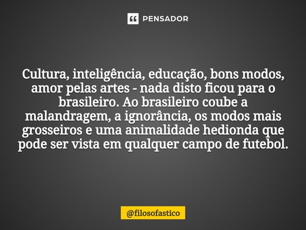 ⁠Cultura, inteligência, educação, bons modos, amor pelas artes - nada disto ficou para o brasileiro. Ao brasileiro coube a malandragem, a ignorância, os modos m... Frase de filosofastico.