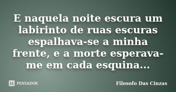 E naquela noite escura um labirinto de ruas escuras espalhava-se a minha frente, e a morte esperava-me em cada esquina...... Frase de Filosofo Das Cinzas.