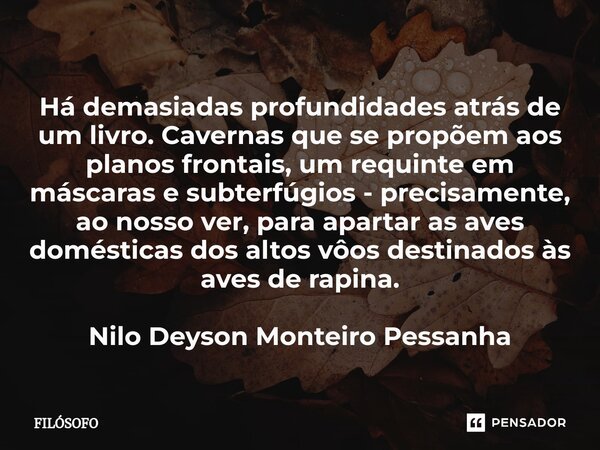 ⁠Há demasiadas profundidades atrás de um livro. Cavernas que se propõem aos planos frontais, um requinte em máscaras e subterfúgios - precisamente, ao nosso ver... Frase de Filosofo.