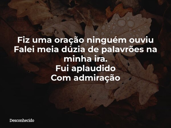 Fiz uma oração ninguém ouviu Falei meia dúzia de palavrões na minha ira. Fui aplaudido Com admiração