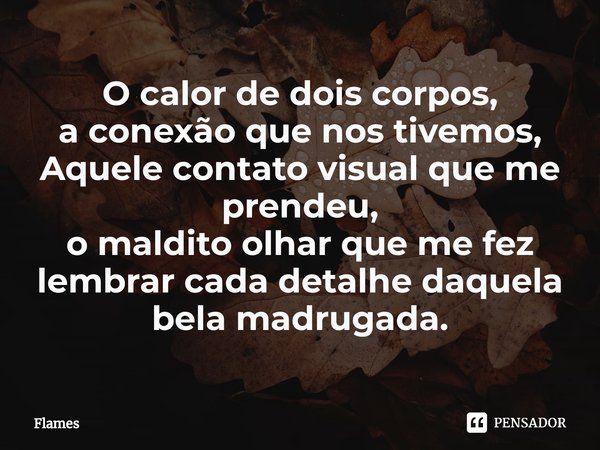 O calor de dois corpos,
a conexão que nos tivemos,
Aquele contato visual que me prendeu,
o maldito olhar que me fez lembrar cada detalhe daquela bela madrugada.... Frase de Flames.