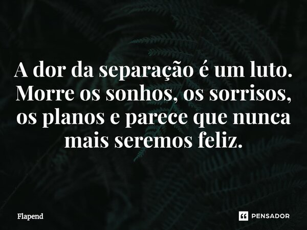 ⁠A dor da separação é um luto. Morre os sonhos, os sorrisos, os planos e parece que nunca mais seremos feliz.... Frase de Flapend.