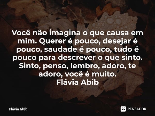 ⁠Você não imagina o que causa em mim. Querer é pouco, desejar é pouco, saudade é pouco, tudo é pouco para descrever o que sinto. Sinto, penso, lembro, adoro, te... Frase de Flávia Abib.