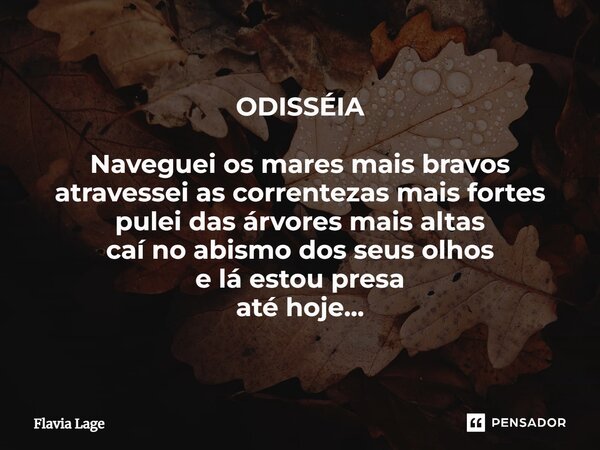 ⁠ODISSÉIA Naveguei os mares mais bravos atravessei as correntezas mais fortes pulei das árvores mais altas caí no abismo dos seus olhos e lá estou presa até hoj... Frase de Flávia Lage.