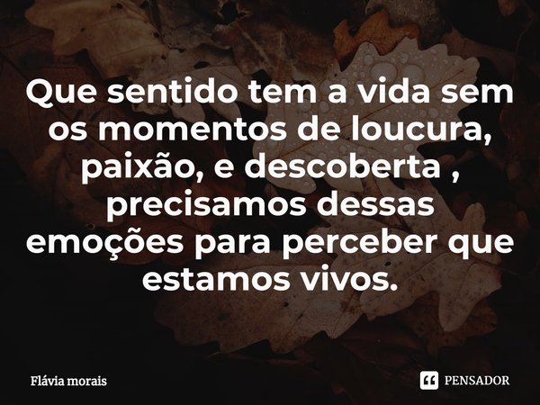 ⁠Que sentido tem a vida sem os momentos de loucura, paixão, e descoberta , precisamos dessas emoções para perceber que estamos vivos.... Frase de Flávia morais.