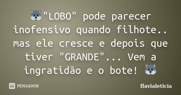 🐺"LOBO" pode parecer inofensivo quando filhote.. mas ele cresce e depois que tiver "GRANDE"... Vem a ingratidão e o bote! 🐺... Frase de FlaviaLeticia.