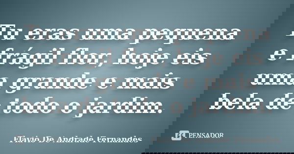 Tu eras uma pequena e frágil flor, hoje eis uma grande e mais bela de todo o jardim.... Frase de Flavio De Andrade Fernandes.