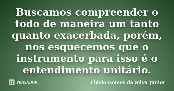 Buscamos compreender o todo de maneira um tanto quanto exacerbada, porém, nos esquecemos que o instrumento para isso é o entendimento unitário.... Frase de Flávio Gomes da Silva Júnior.