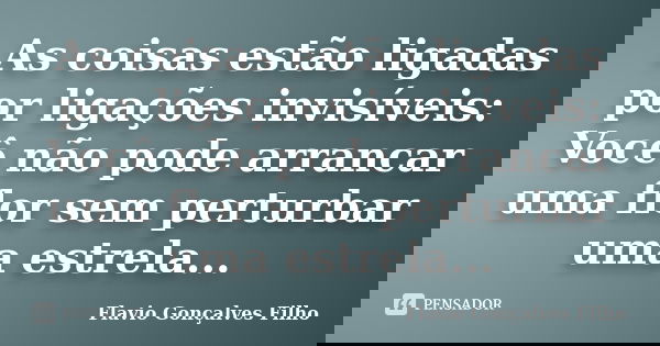 As coisas estão ligadas por ligações invisíveis: Você não pode arrancar uma flor sem perturbar uma estrela...... Frase de Flavio Gonçalves Filho.