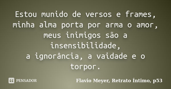 Estou munido de versos e frames, minha alma porta por arma o amor, meus inimigos são a insensibilidade, a ignorância, a vaidade e o torpor.... Frase de Flavio Meyer, Retrato Íntimo, p53.