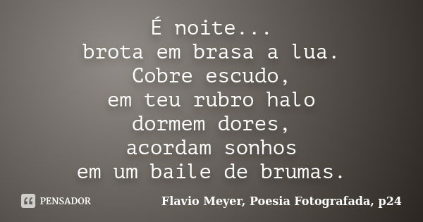 É noite... brota em brasa a lua. Cobre escudo, em teu rubro halo dormem dores, acordam sonhos em um baile de brumas.... Frase de Flavio Meyer, Poesia Fotografada, p24.