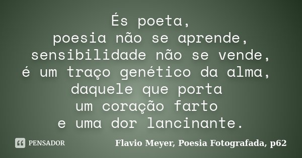 És poeta, poesia não se aprende, sensibilidade não se vende, é um traço genético da alma, daquele que porta um coração farto e uma dor lancinante.... Frase de Flavio Meyer, Poesia Fotografada, p62.