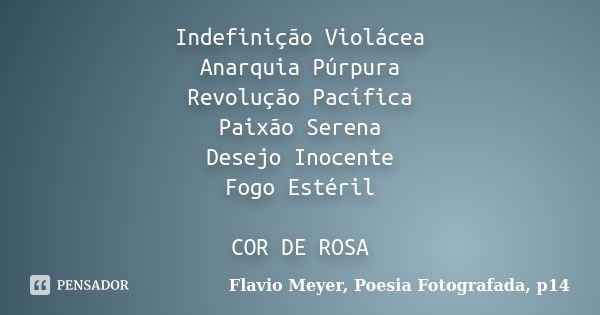 Indefinição Violácea Anarquia Púrpura Revolução Pacífica Paixão Serena Desejo Inocente Fogo Estéril COR DE ROSA... Frase de Flavio Meyer, Poesia Fotografada, p14.