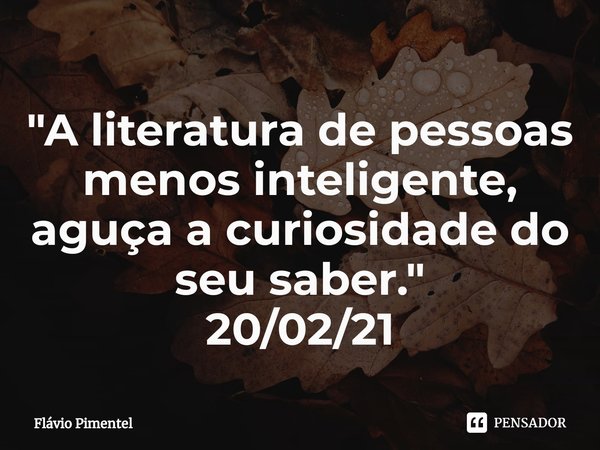 ⁠"A literatura de pessoas menos inteligente, aguça a curiosidade do seu saber."
20/02/21... Frase de Flávio Pimentel.