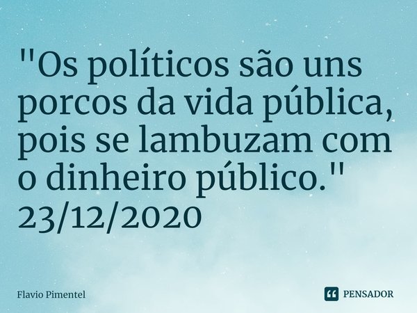 ⁠"Os políticos são uns porcos da vida pública, pois se lambuzam com o dinheiro público."
23/12/2020... Frase de Flávio Pimentel.