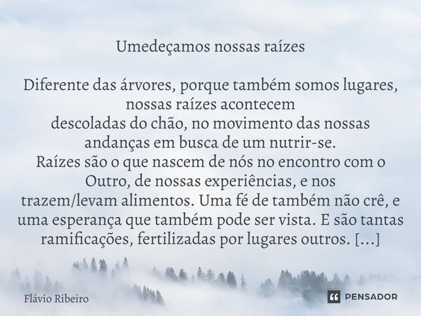 ⁠Umedeçamos nossas raízes Diferente das árvores, porque também somos lugares, nossas raízes acontecem descoladas do chão, no movimento das nossas andanças em bu... Frase de Flávio Ribeiro.