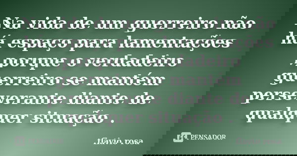 Na vida de um guerreiro não há espaço para lamentações ,porque o verdadeiro guerreiro se mantém perseverante diante de qualquer situação .... Frase de Flávio Rosa.