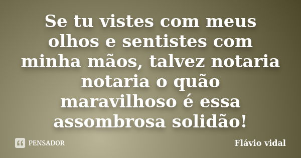 Se tu vistes com meus olhos e sentistes com minha mãos, talvez notaria notaria o quão maravilhoso é essa assombrosa solidão!... Frase de Flávio Vidal.