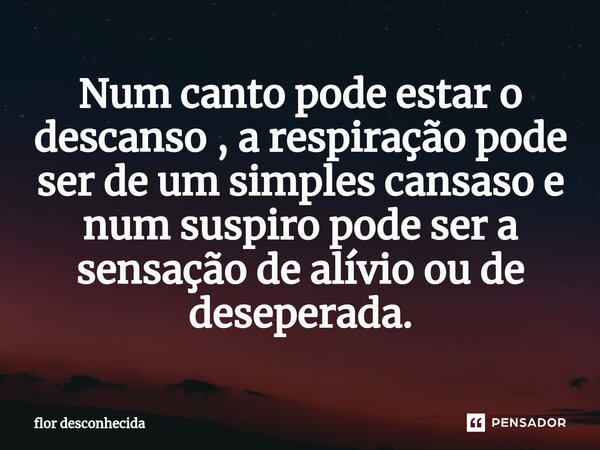 ⁠Num canto pode estar o descanso , a respiração pode ser de um simples cansaso e num suspiro pode ser a sensação de alívio ou de deseperada.... Frase de flor desconhecida.