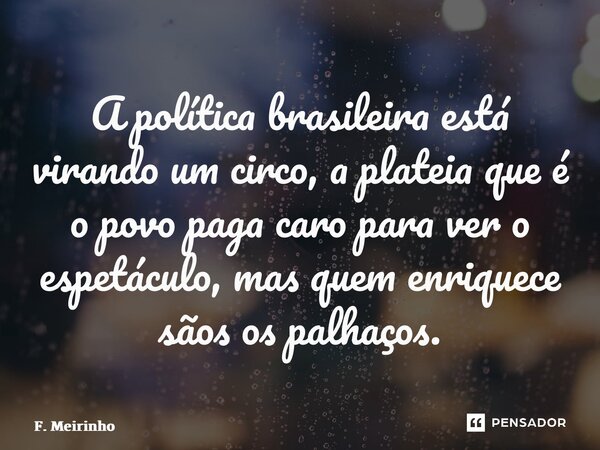 ⁠A política brasileira está virando um circo, a plateia que é o povo paga caro para ver o espetáculo, mas quem enriquece sãos os palhaços.... Frase de F. Meirinho.