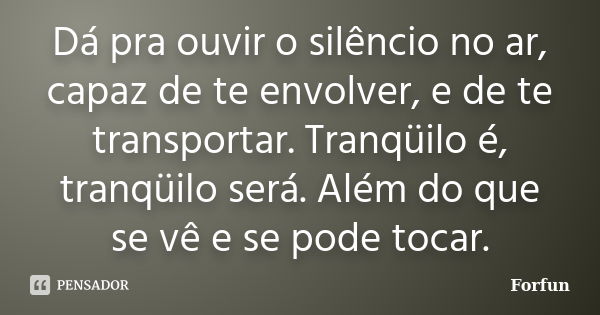 Dá pra ouvir o silêncio no ar, capaz de te envolver, e de te transportar. Tranqüilo é, tranqüilo será. Além do que se vê e se pode tocar.... Frase de Forfun.