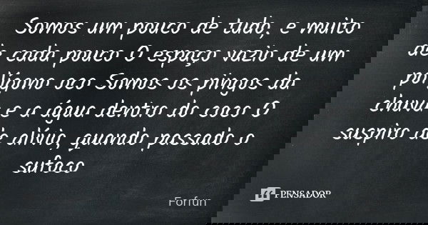 Somos um pouco de tudo, e muito de cada pouco O espaço vazio de um polígono oco Somos os pingos da chuva e a água dentro do coco O suspiro de alívio, quando pas... Frase de Forfun.