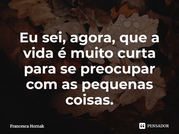 ⁠Eu sei, agora, que a vida é muito curta para se preocupar com as pequenas coisas.... Frase de Francesca Hornak.