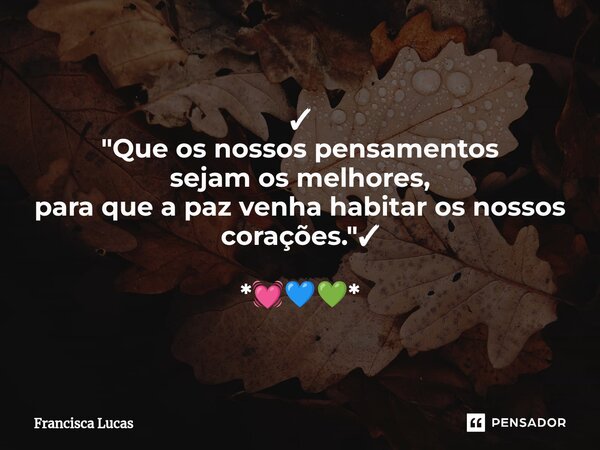 ⁠✓ "Que os nossos pensamentos sejam os melhores, para que a paz venha habitar os nossos corações."✓ *💓💙💚*... Frase de Francisca Lucas.