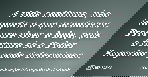 A vida continua, não importa o que acontecer. Procure viver o hoje, pois o futuro só o Poder Superior pode determinar.... Frase de Francisco José Gregório de Andrade.