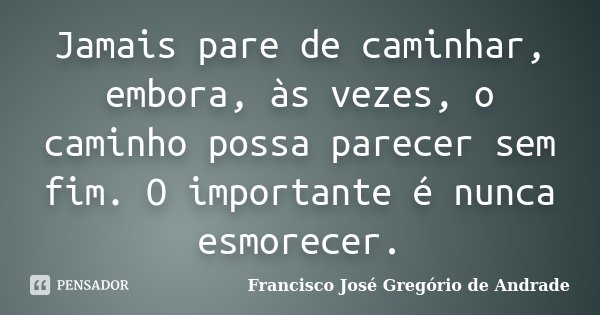 Jamais pare de caminhar, embora, às vezes, o caminho possa parecer sem fim. O importante é nunca esmorecer.... Frase de Francisco José Gregório de Andrade.