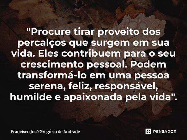 ⁠"Procure tirar proveito dos percalços que surgem em sua vida. Eles contribuem para o seu crescimento pessoal. Podem transformá-lo em uma pessoa serena, fe... Frase de Francisco José Gregório de Andrade.