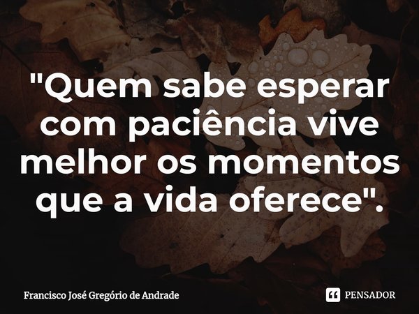 ⁠"Quem sabe esperar com paciência vive melhor os momentos que a vida oferece ".... Frase de Francisco José Gregório de Andrade.