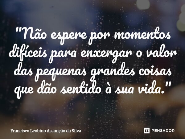 "Não espere por momentos difíceis para enxergar o valor das pequenas grandes coisas que dão sentido à sua vida."⁠... Frase de Francisco Leobino Assunção da Silva.
