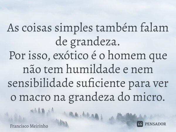 ⁠As coisas simples também falam de grandeza. Por isso, exótico é o homem que não tem humildade e nem sensibilidade suficiente para ver o macro na grandeza do mi... Frase de Francisco Meirinho.