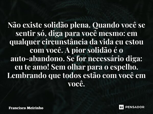 ⁠⁠Não existe solidão plena. Quando você se sentir só, diga para você mesmo: em qualquer circunstância da vida eu estou com você. A pior solidão é o auto-abandon... Frase de Francisco Meirinho.