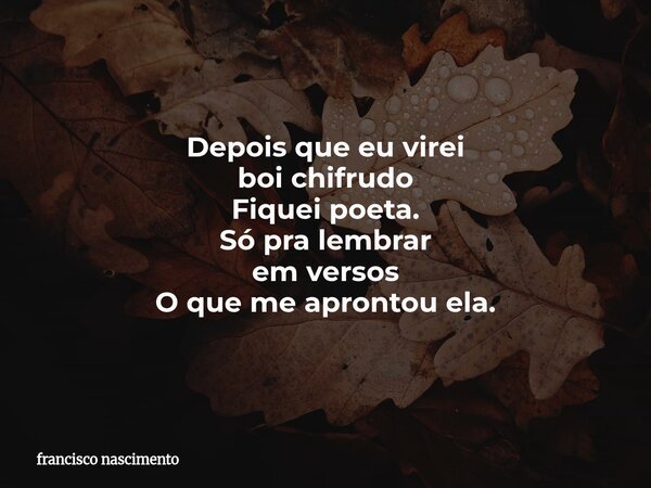 ⁠Depois que eu virei boi chifrudo Fiquei poeta. Só pra lembrar em versos O que me aprontou ela.... Frase de francisco nascimento.
