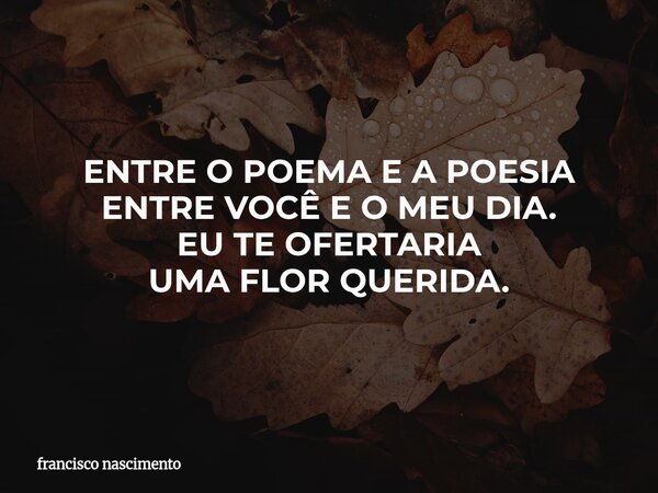 ENTRE O POEMA E A POESIA ENTRE VOCÊ E O MEU DIA. EU TE OFERTARIA UMA FLOR QUERIDA.... Frase de francisco nascimento.