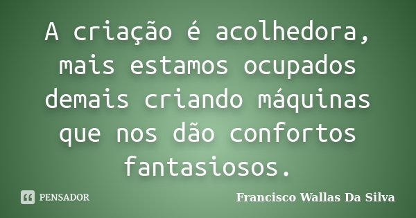 A criação é acolhedora, mais estamos ocupados demais criando máquinas que nos dão confortos fantasiosos.... Frase de Francisco Wallas Da Silva.