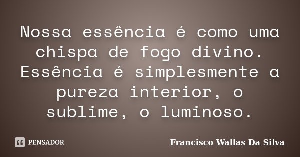 Nossa essência é como uma chispa de fogo divino. Essência é simplesmente a pureza interior, o sublime, o luminoso.... Frase de Francisco Wallas Da Silva.