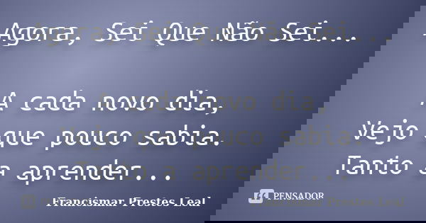 Agora, Sei Que Não Sei... A cada novo dia, Vejo que pouco sabia. Tanto a aprender...... Frase de Francismar Prestes Leal.