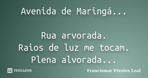 Avenida de Maringá... Rua arvorada. Raios de luz me tocam. Plena alvorada...... Frase de Francismar Prestes Leal.