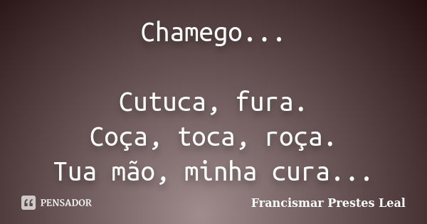 Chamego... Cutuca, fura. Coça, toca, roça. Tua mão, minha cura...... Frase de Francismar Prestes Leal.